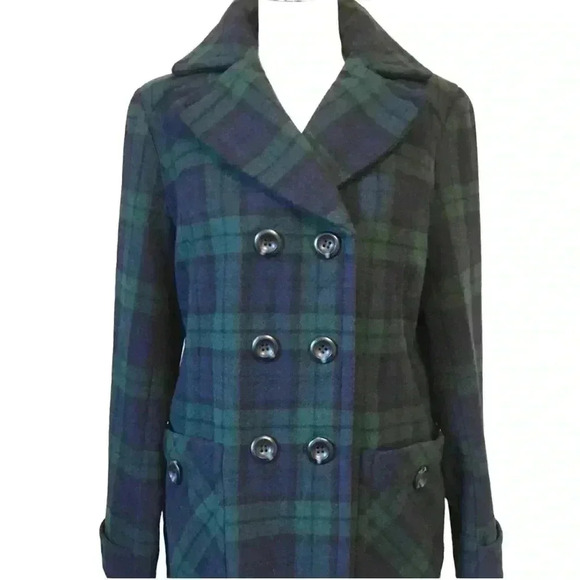 St. John's Bay Jackets & Blazers - St. John's Bay Wool Tartan Plaid Peacoat in Navy and Green. Size Small.